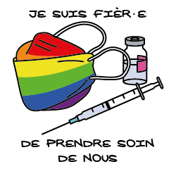 dessin vectoriel un ffp2 arc en ciel et un vaccin "Je suis fier de prendre soin de nous"
