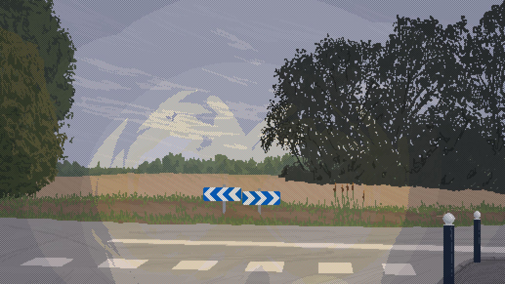 Pixel art grand format d'une route avec un champ et des arbres au fond